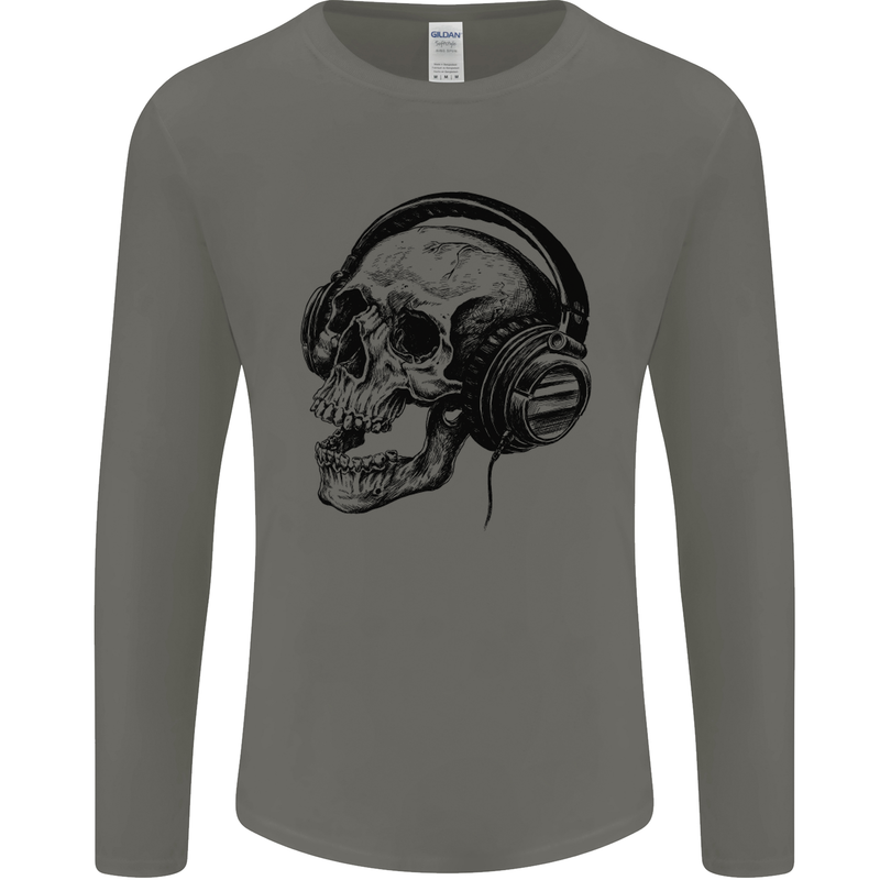 Skull Headphones Gothic Rock Music DJ Mens Long Sleeve T-Shirt Charcoal