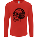 Skull Headphones Gothic Rock Music DJ Mens Long Sleeve T-Shirt Red