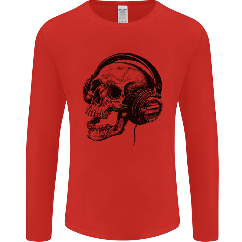 Skull Headphones Gothic Rock Music DJ Mens Long Sleeve T-Shirt Red