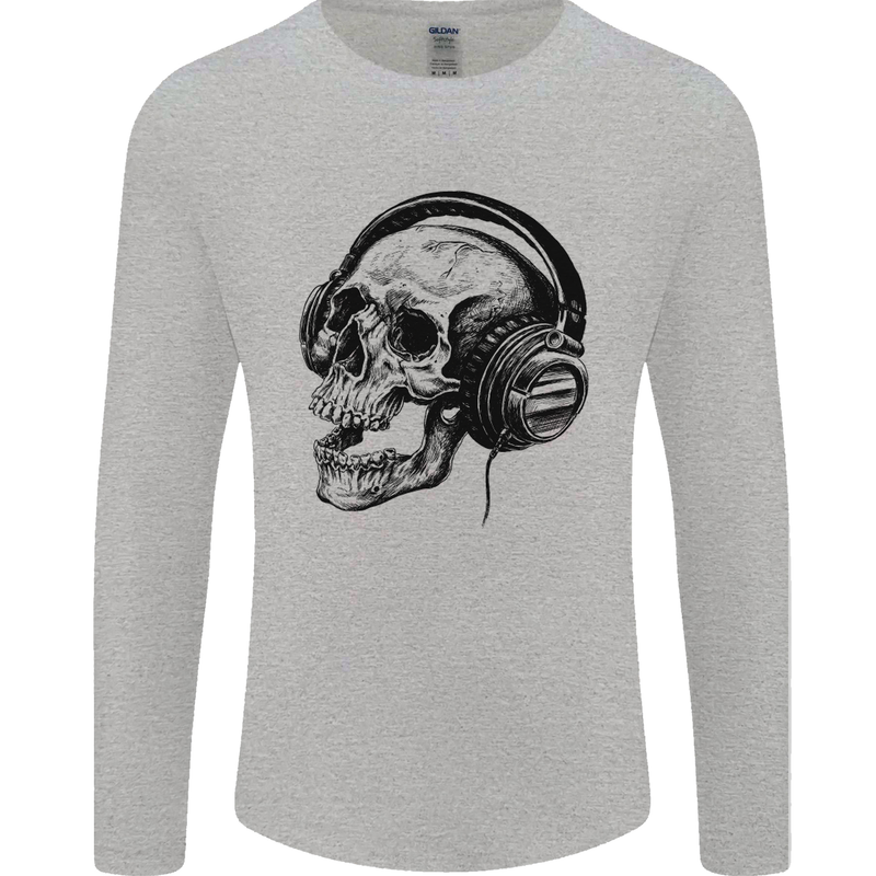 Skull Headphones Gothic Rock Music DJ Mens Long Sleeve T-Shirt Sports Grey