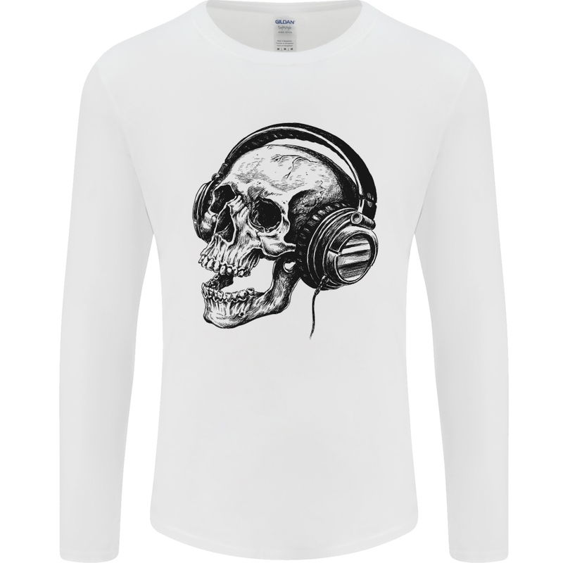 Skull Headphones Gothic Rock Music DJ Mens Long Sleeve T-Shirt White