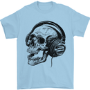Skull Headphones Gothic Rock Music DJ Mens T-Shirt Cotton Gildan Light Blue