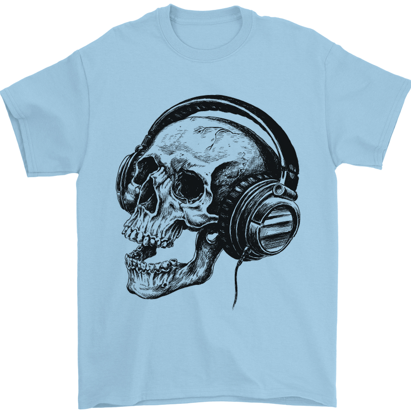 Skull Headphones Gothic Rock Music DJ Mens T-Shirt Cotton Gildan Light Blue