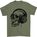 Skull Headphones Gothic Rock Music DJ Mens T-Shirt Cotton Gildan Military Green