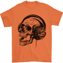 Skull Headphones Gothic Rock Music DJ Mens T-Shirt Cotton Gildan Orange