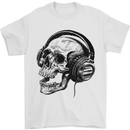 Skull Headphones Gothic Rock Music DJ Mens T-Shirt Cotton Gildan White