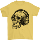Skull Headphones Gothic Rock Music DJ Mens T-Shirt Cotton Gildan Yellow