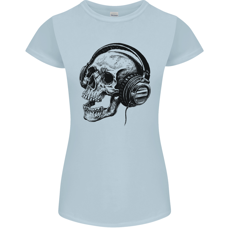 Skull Headphones Gothic Rock Music DJ Womens Petite Cut T-Shirt Light Blue