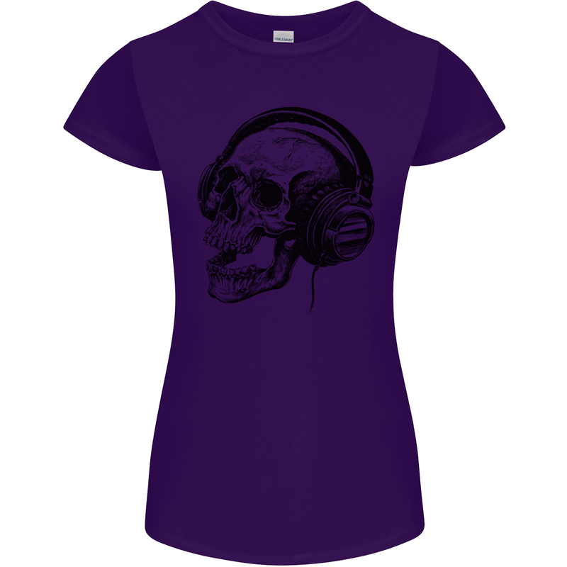 Skull Headphones Gothic Rock Music DJ Womens Petite Cut T-Shirt Purple
