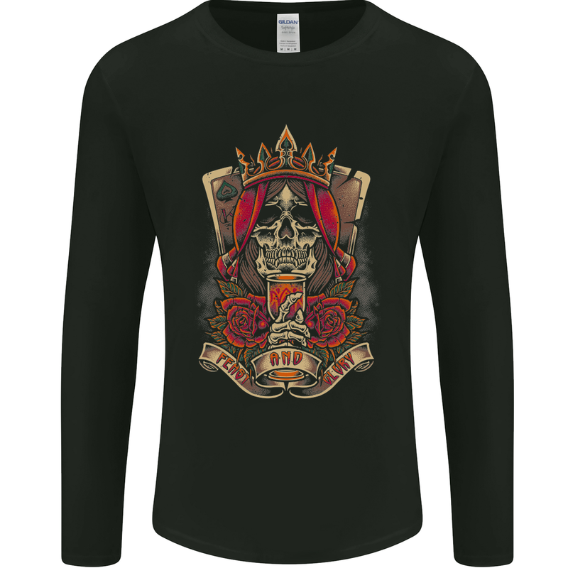 Skull King Playing Cards Biker Motorbike Mens Long Sleeve T-Shirt Black