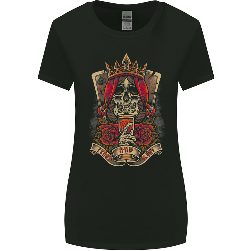 Skull King Playing Cards Biker Motorbike Womens Wider Cut T-Shirt Black