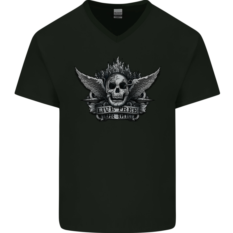 Skull Live Free or Die Mens V-Neck Cotton T-Shirt Black