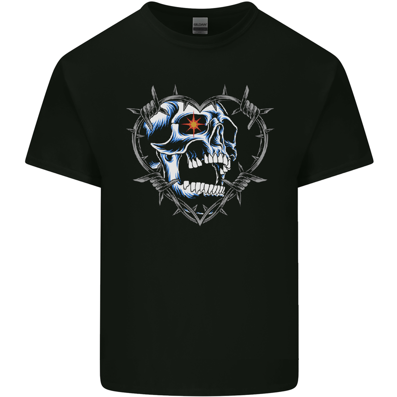 Skull Love in Barbed Wire Heart Kids T-Shirt Childrens Black