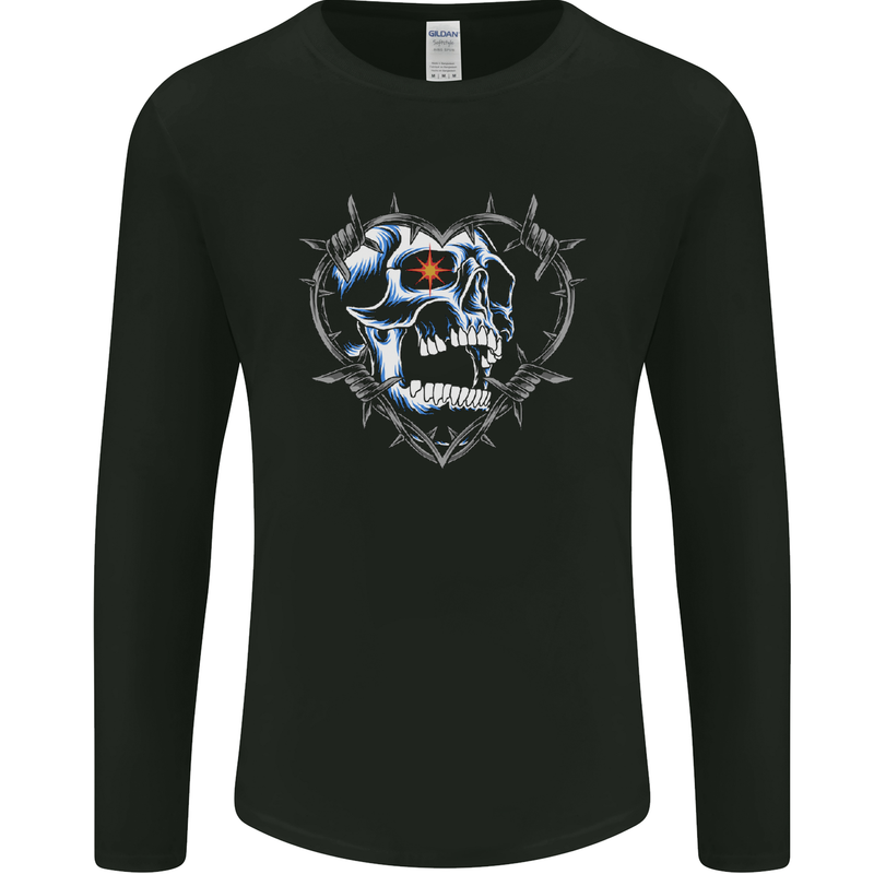 Skull Love in Barbed Wire Heart Mens Long Sleeve T-Shirt Black