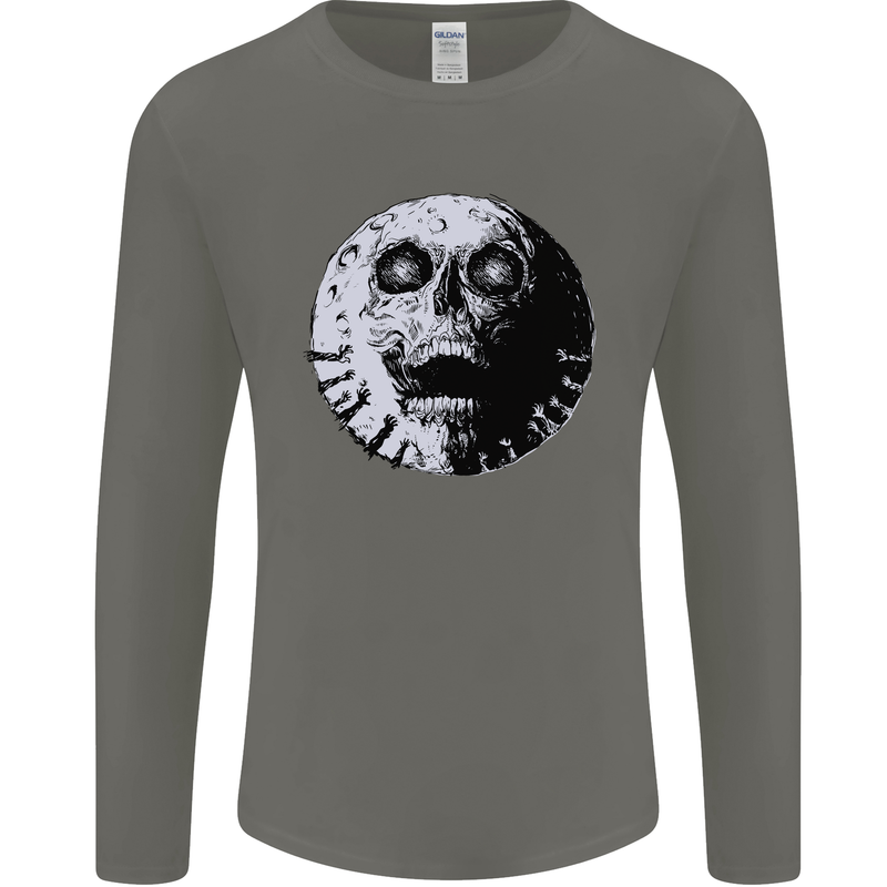 Skull Moon Gothic Halloween Zombie Biker Mens Long Sleeve T-Shirt Charcoal