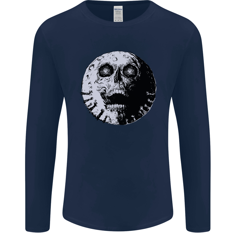 Skull Moon Gothic Halloween Zombie Biker Mens Long Sleeve T-Shirt Navy Blue