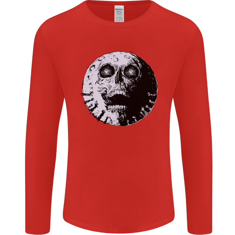 Skull Moon Gothic Halloween Zombie Biker Mens Long Sleeve T-Shirt Red