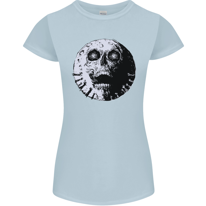 Skull Moon Gothic Halloween Zombie Biker Womens Petite Cut T-Shirt Light Blue