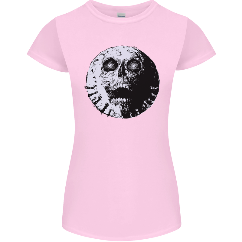Skull Moon Gothic Halloween Zombie Biker Womens Petite Cut T-Shirt Light Pink