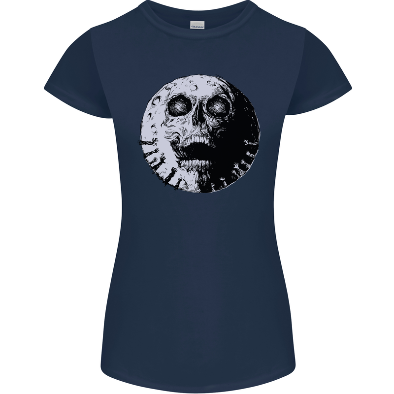 Skull Moon Gothic Halloween Zombie Biker Womens Petite Cut T-Shirt Navy Blue