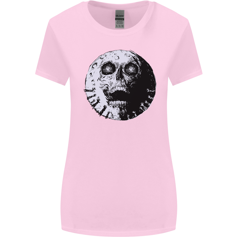 Skull Moon Gothic Halloween Zombie Biker Womens Wider Cut T-Shirt Light Pink