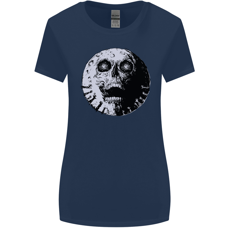 Skull Moon Gothic Halloween Zombie Biker Womens Wider Cut T-Shirt Navy Blue