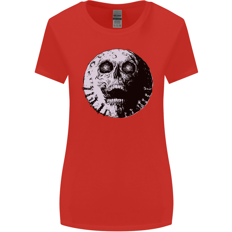 Skull Moon Gothic Halloween Zombie Biker Womens Wider Cut T-Shirt Red