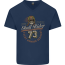 Skull Rider Motorcycle Biker Motorbike Mens V-Neck Cotton T-Shirt Navy Blue