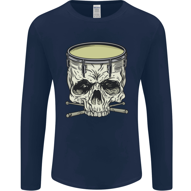 Skull Snare Drum Drummer Drumming Mens Long Sleeve T-Shirt Navy Blue