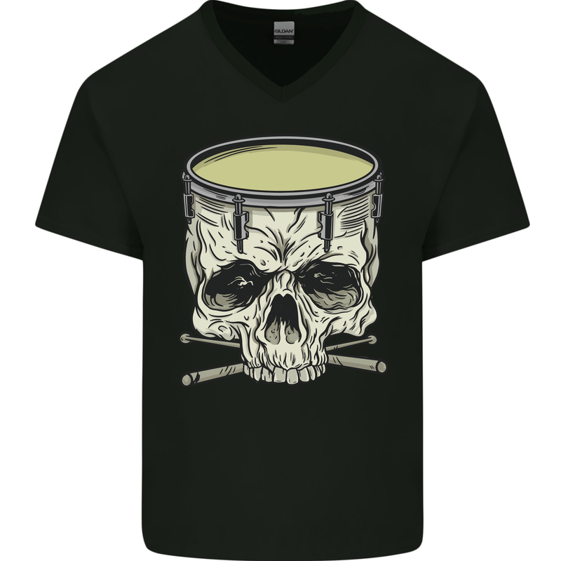 Skull Snare Drum Drummer Drumming Mens V-Neck Cotton T-Shirt Black