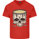Skull Snare Drum Drummer Drumming Mens V-Neck Cotton T-Shirt Red