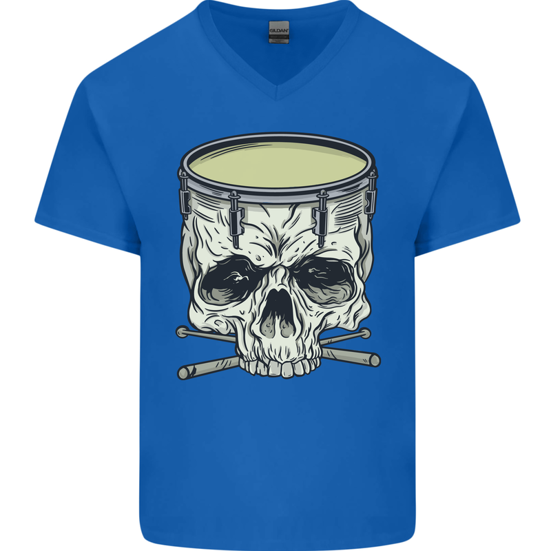 Skull Snare Drum Drummer Drumming Mens V-Neck Cotton T-Shirt Royal Blue