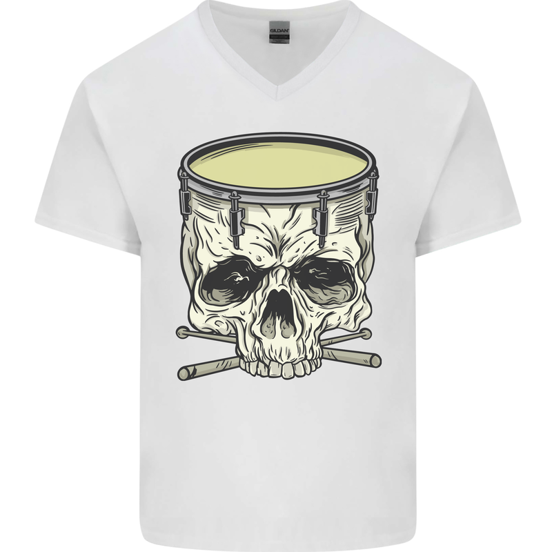 Skull Snare Drum Drummer Drumming Mens V-Neck Cotton T-Shirt White