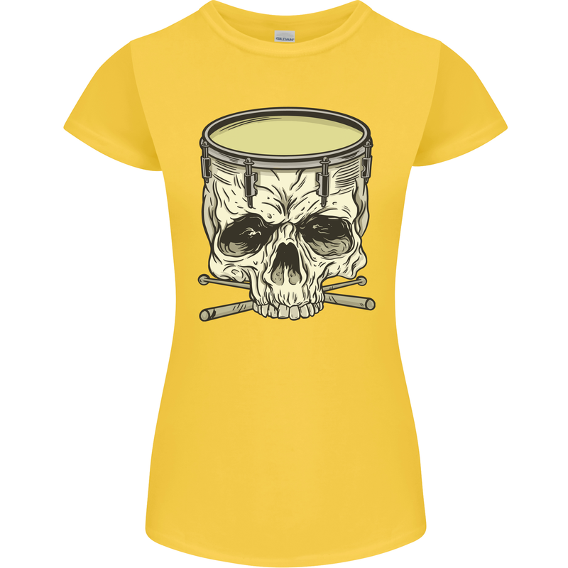 Skull Snare Drum Drummer Drumming Womens Petite Cut T-Shirt Yellow
