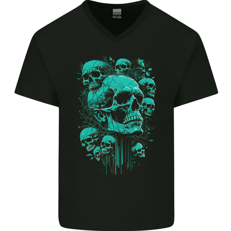 Skull Time Gothic Heavy Metal Rock Music Biker Mens V-Neck Cotton T-Shirt Black