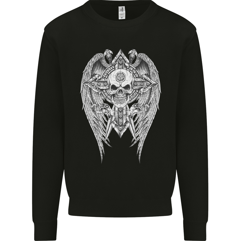 Skull Wings Viking Gothic  Wings Gym Biker Kids Sweatshirt Jumper Black