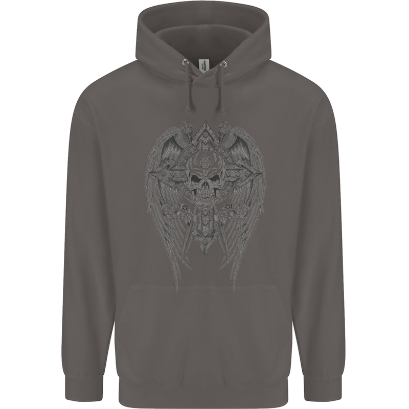 Skull Wings Viking Gothic  Wings Gym Biker Mens 80% Cotton Hoodie Charcoal