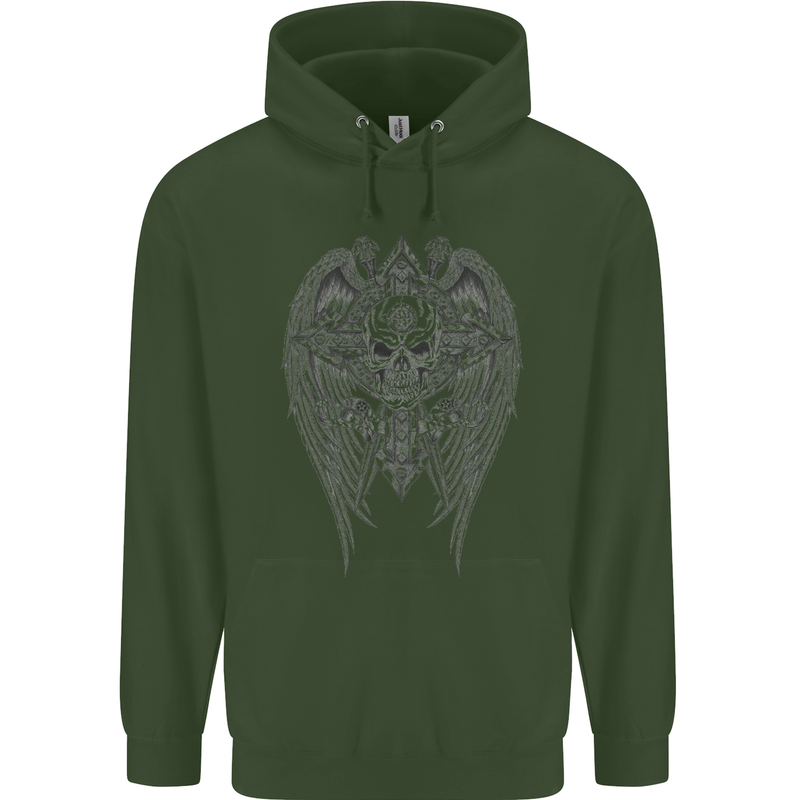 Skull Wings Viking Gothic  Wings Gym Biker Mens 80% Cotton Hoodie Forest Green