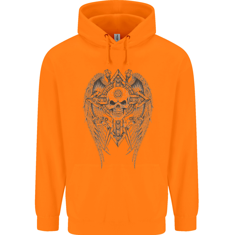 Skull Wings Viking Gothic  Wings Gym Biker Mens 80% Cotton Hoodie Orange