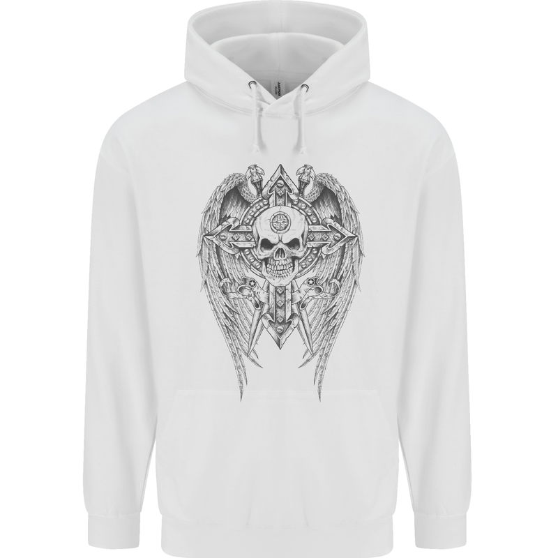 Skull Wings Viking Gothic  Wings Gym Biker Mens 80% Cotton Hoodie White