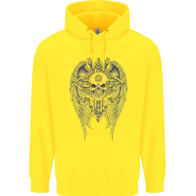 Skull Wings Viking Gothic  Wings Gym Biker Mens 80% Cotton Hoodie Yellow