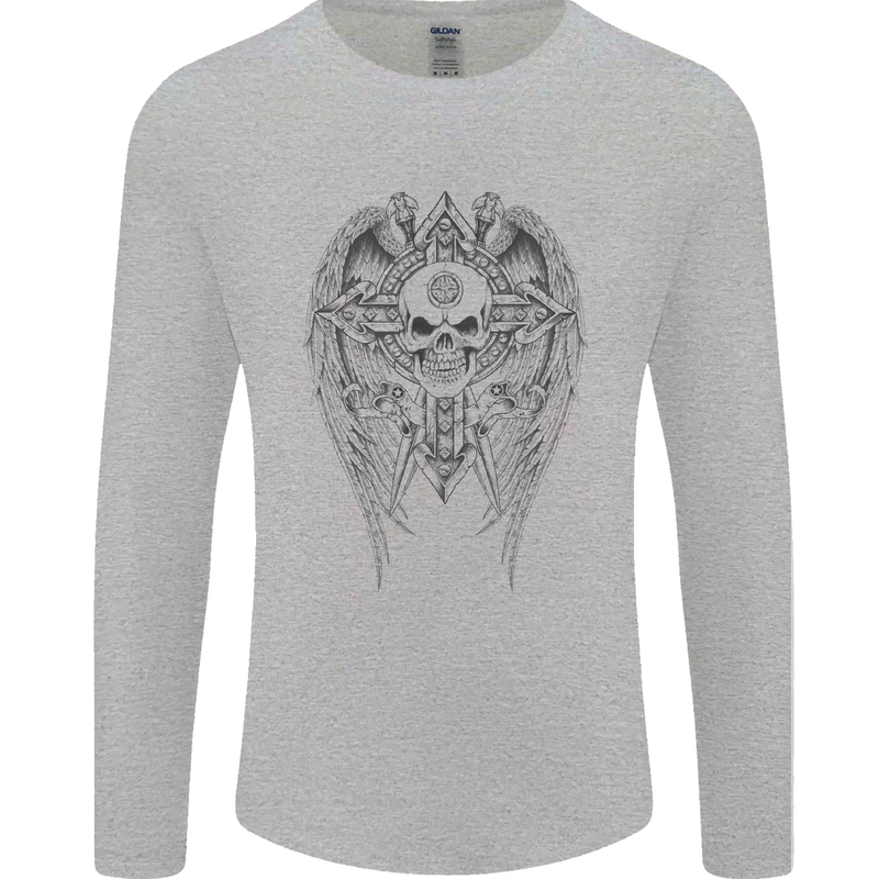 Skull Wings Viking Gothic  Wings Gym Biker Mens Long Sleeve T-Shirt Sports Grey