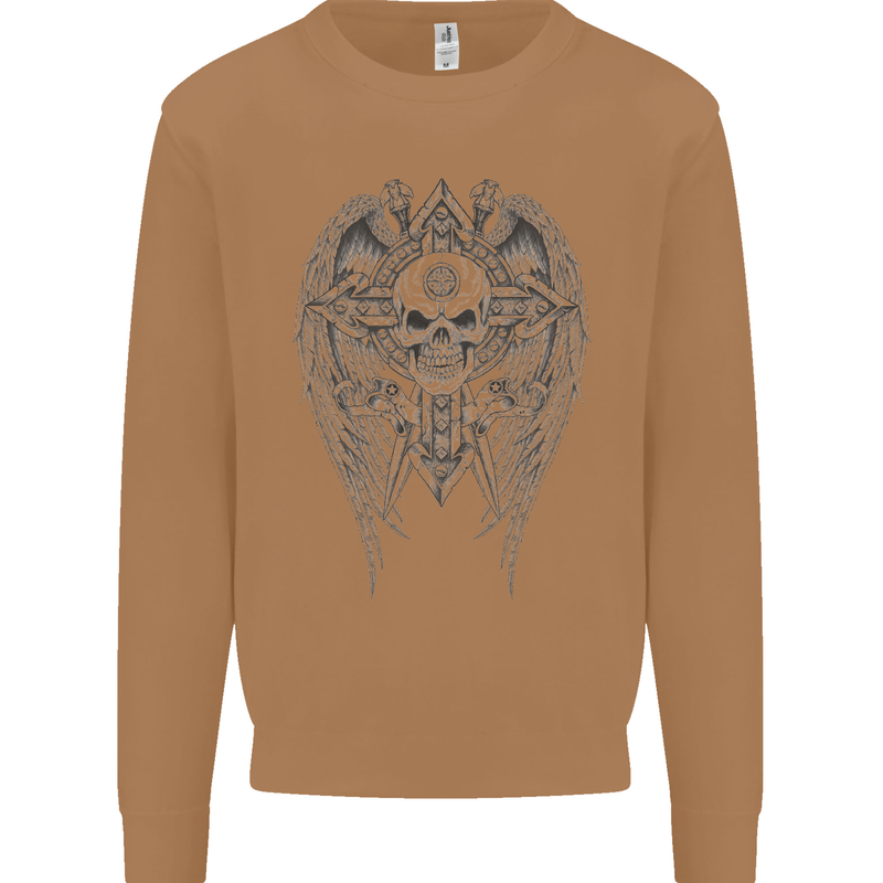 Skull Wings Viking Gothic  Wings Gym Biker Mens Sweatshirt Jumper Caramel Latte
