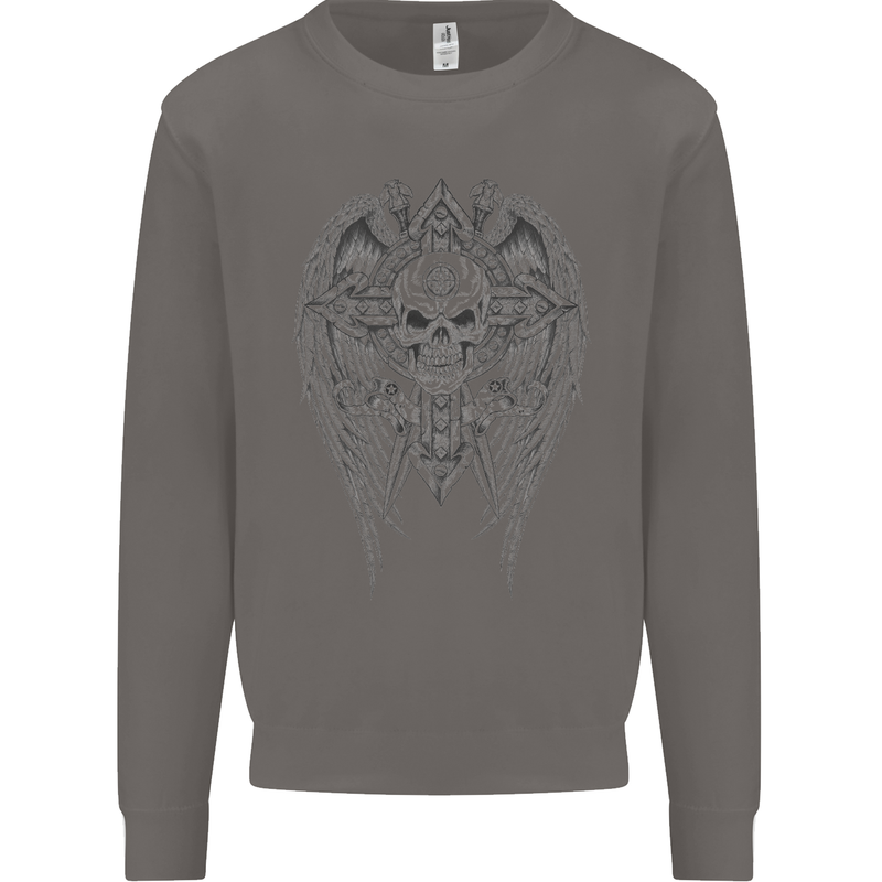 Skull Wings Viking Gothic  Wings Gym Biker Mens Sweatshirt Jumper Charcoal