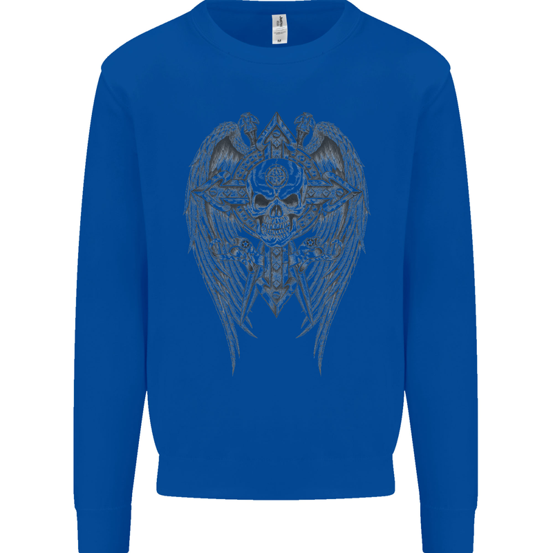 Skull Wings Viking Gothic  Wings Gym Biker Mens Sweatshirt Jumper Royal Blue
