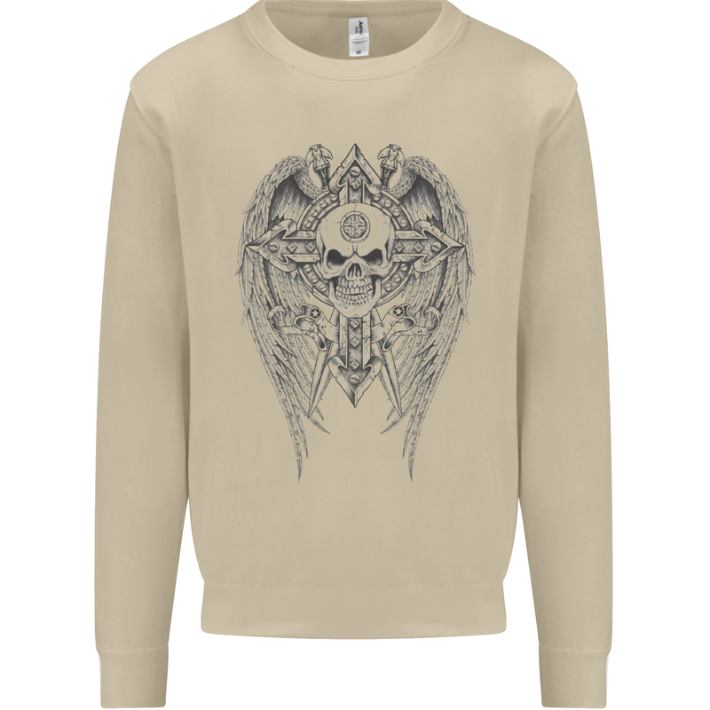Skull Wings Viking Gothic  Wings Gym Biker Mens Sweatshirt Jumper Sand