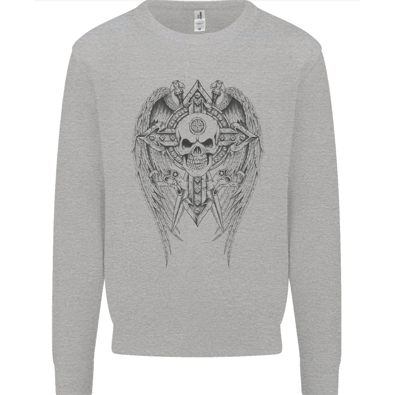 Skull Wings Viking Gothic  Wings Gym Biker Mens Sweatshirt Jumper Sports Grey