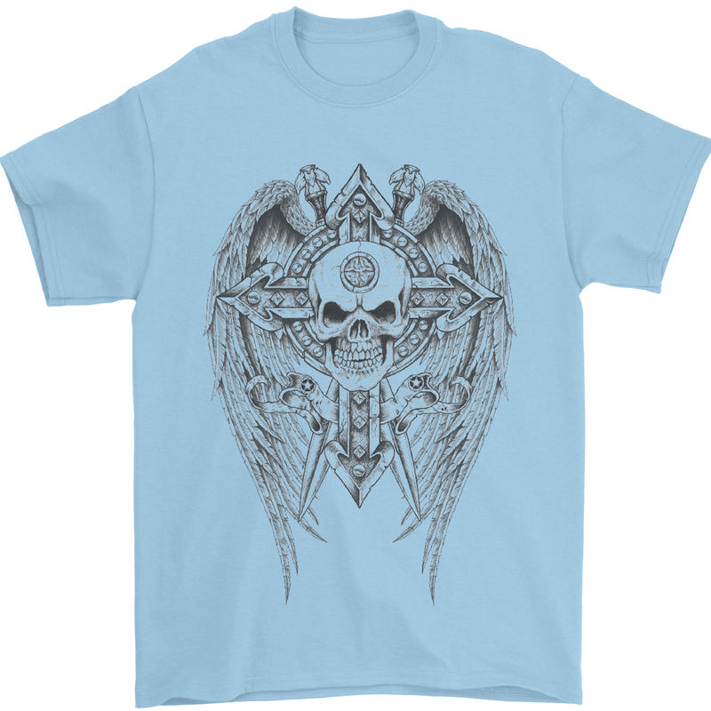 Skull Wings Viking Gothic  Wings Gym Biker Mens T-Shirt Cotton Gildan Light Blue