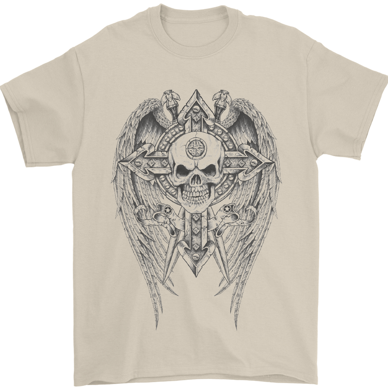 Skull Wings Viking Gothic  Wings Gym Biker Mens T-Shirt Cotton Gildan Sand