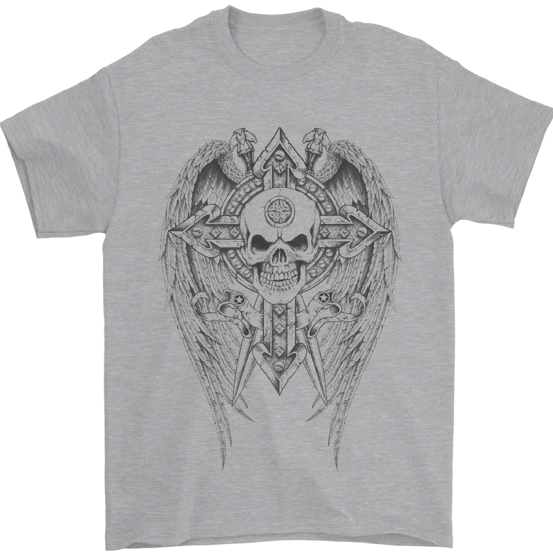 Skull Wings Viking Gothic  Wings Gym Biker Mens T-Shirt Cotton Gildan Sports Grey